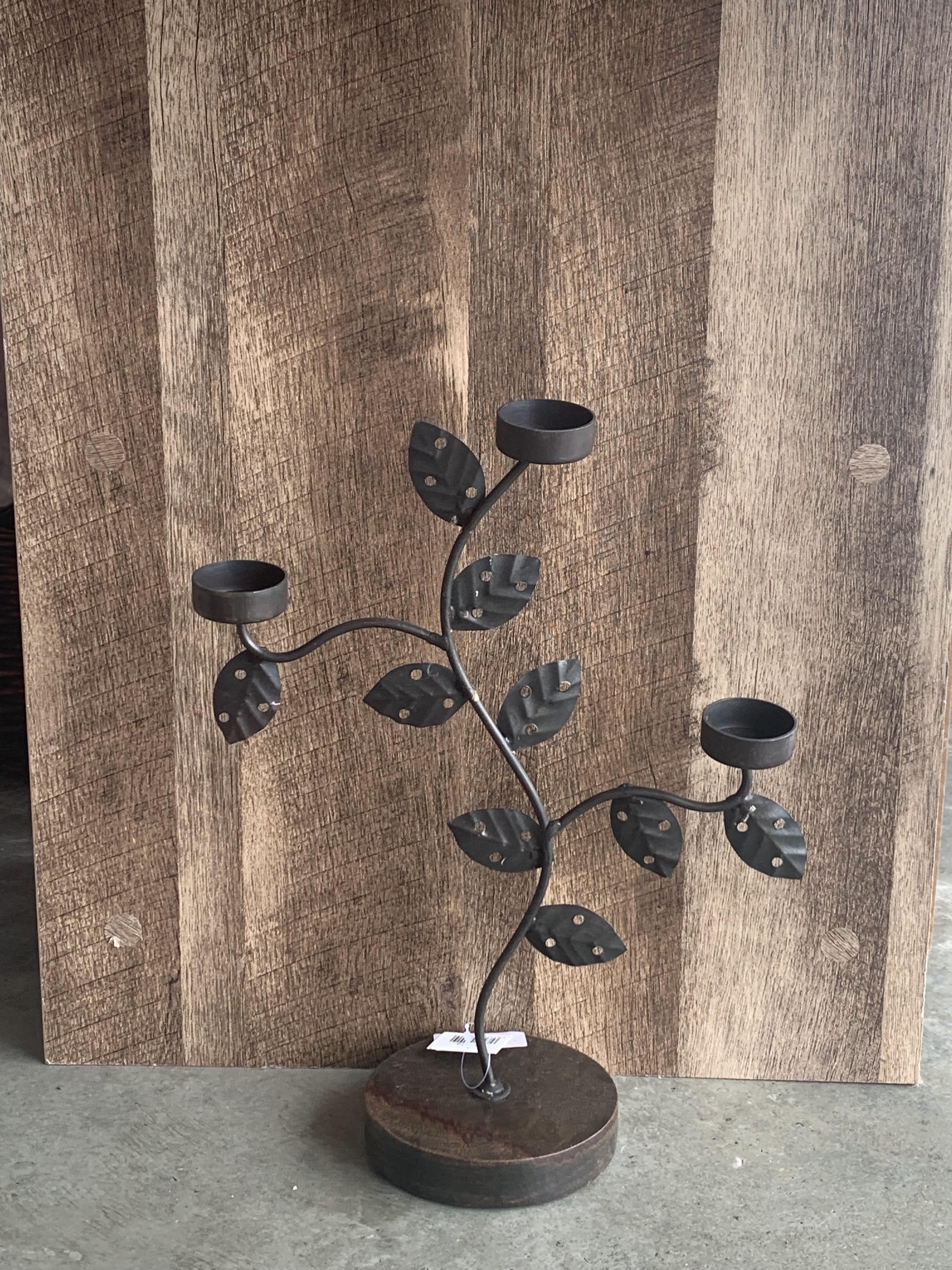Ma2913 Iron Tree 3 T-Light With Wooden Base