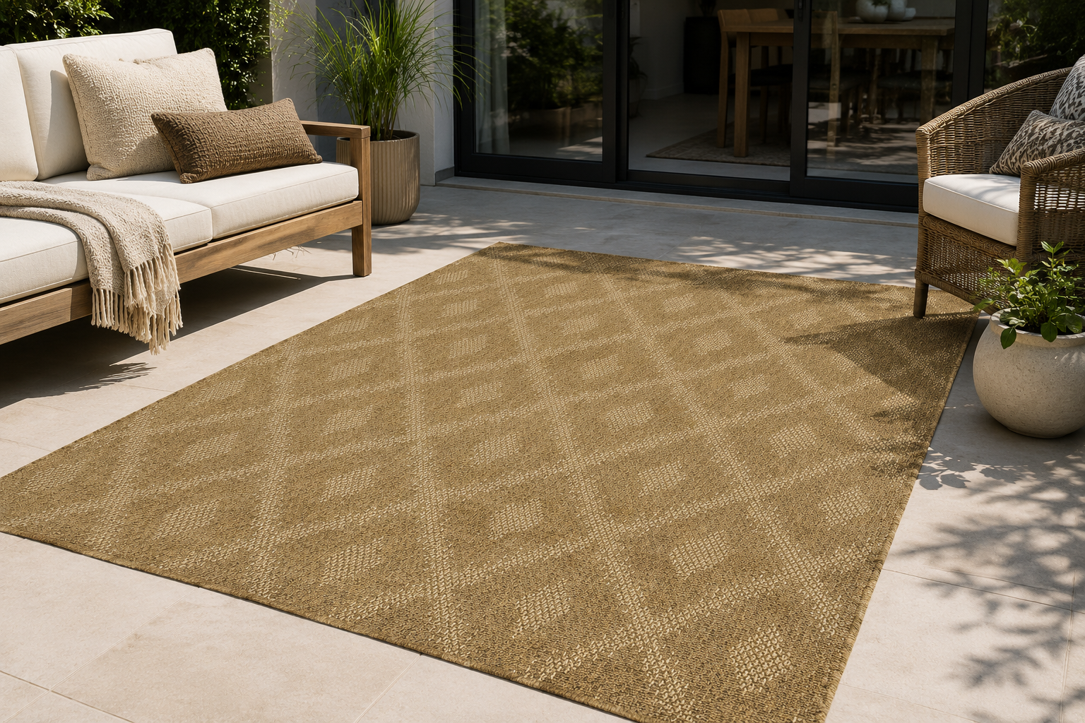 Brown outdoor rug on a patio with furniture and plants