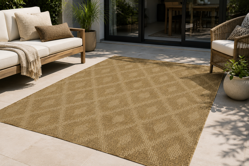 Brown outdoor rug on a patio with furniture and plants