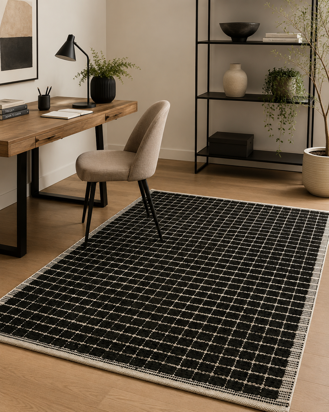 Modern office space with a black grid patterned rug, desk, chair, and shelves.