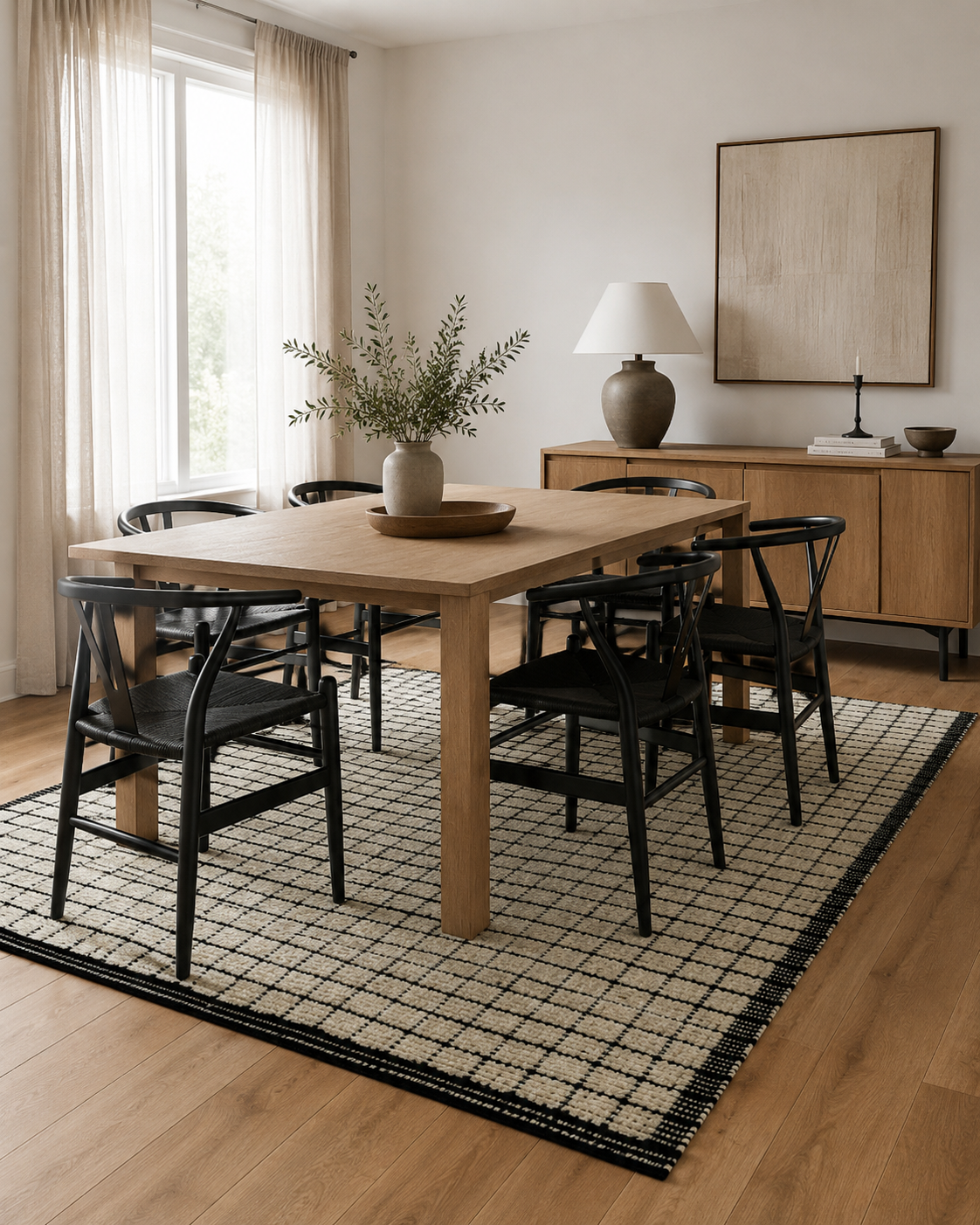 Dining room with wooden table and chairs on a black and white checkered rug.