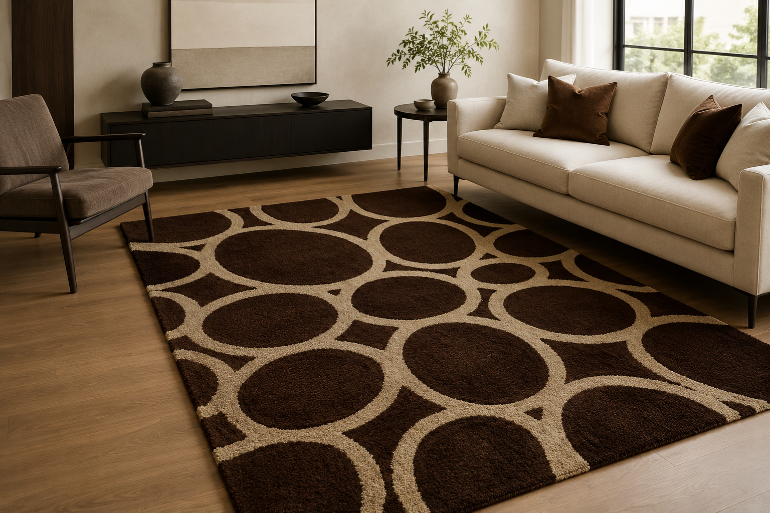 Living room with a brown and beige patterned rug, white sofa, and decorative items.