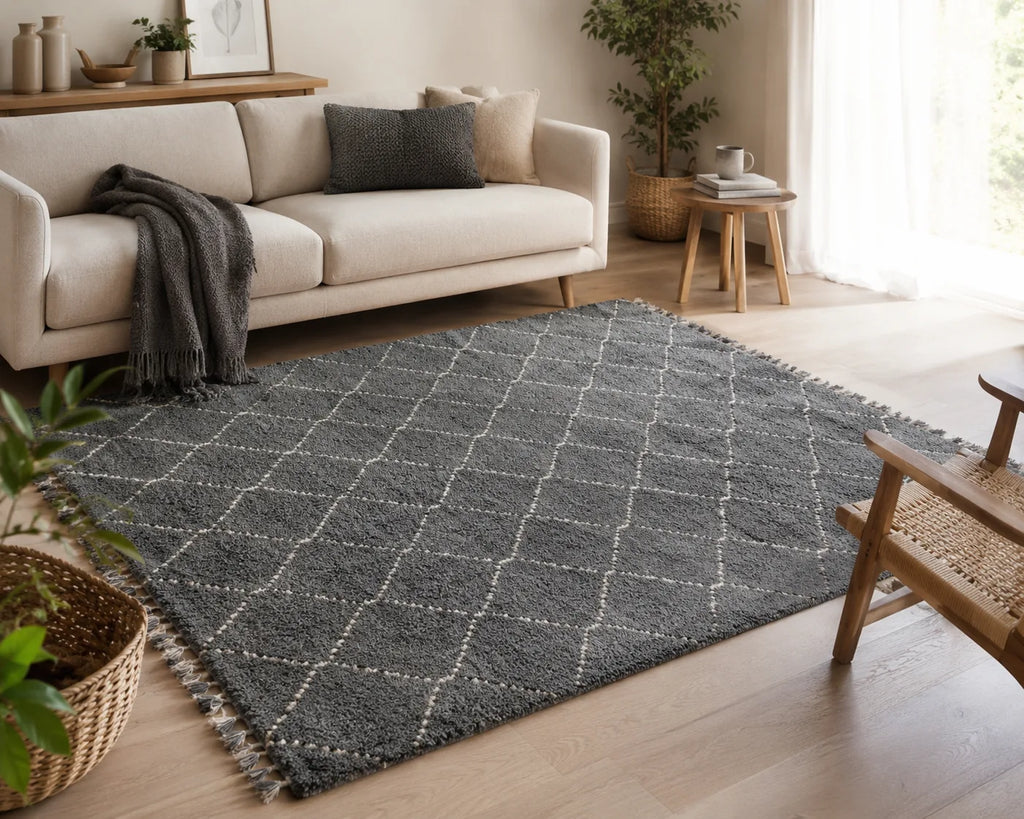 Living room with a gray diamond patterned rug, beige sofa, and wooden coffee table.