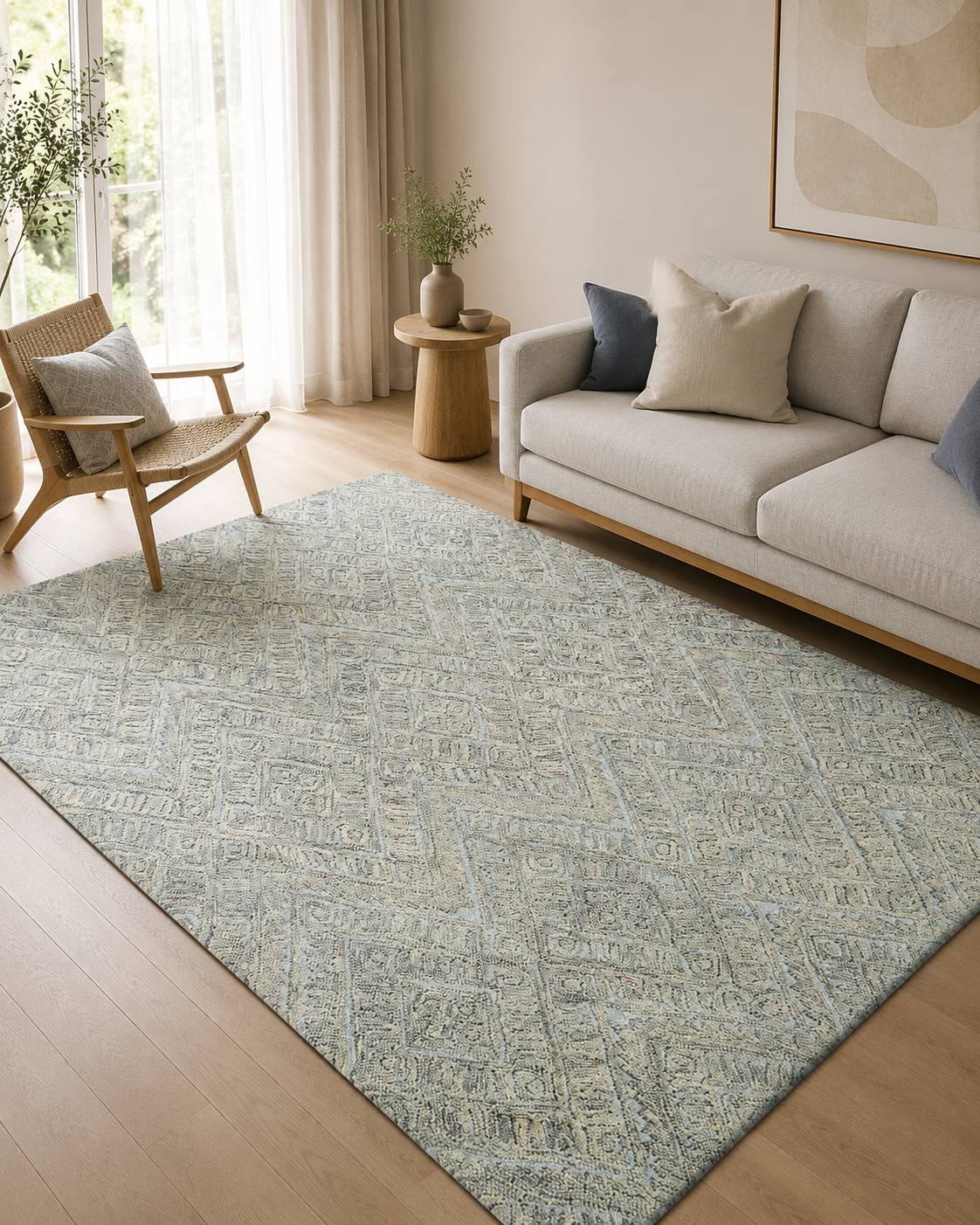 Living room with a patterned rug, sofa, and armchair.