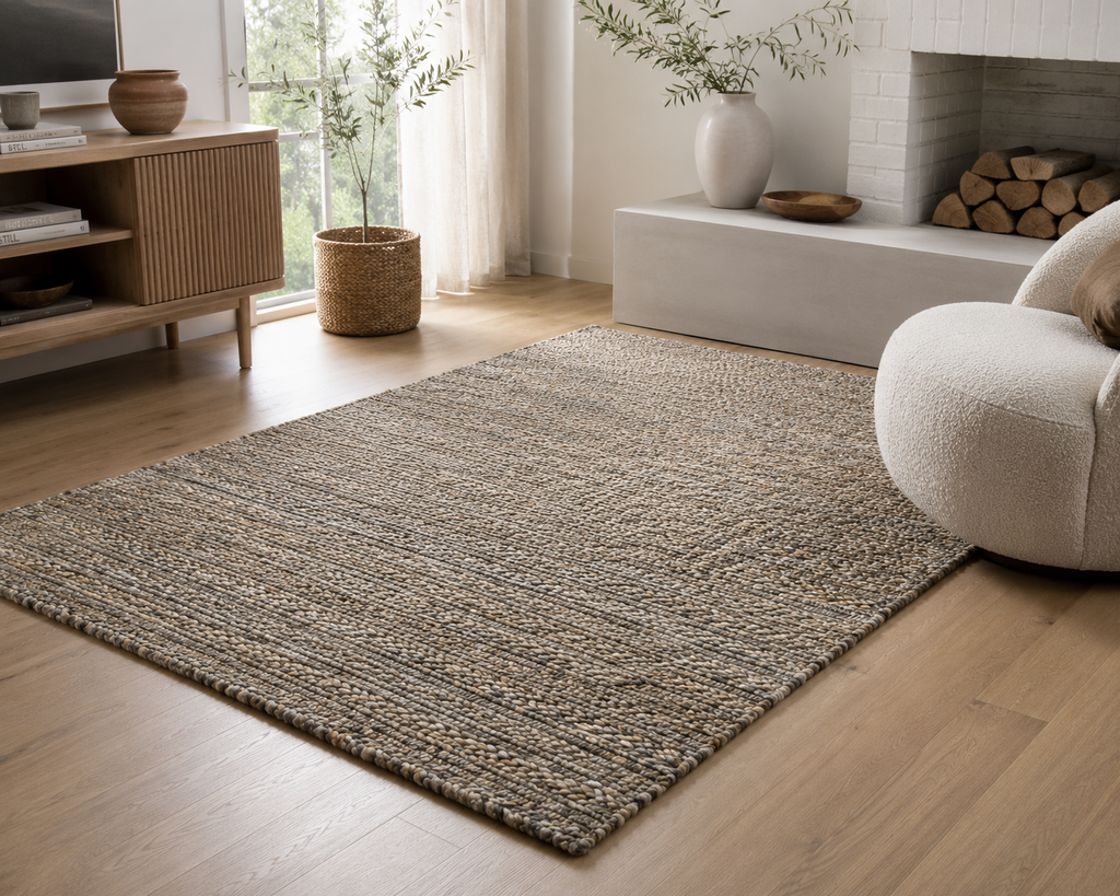 Living room with a textured area rug, wooden floor, and decorative elements.