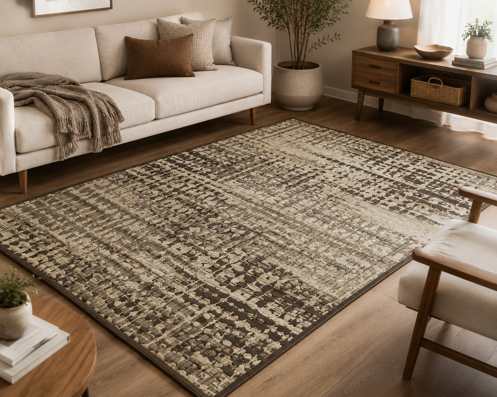 Living room with a patterned rug, sofa, and wooden coffee table.