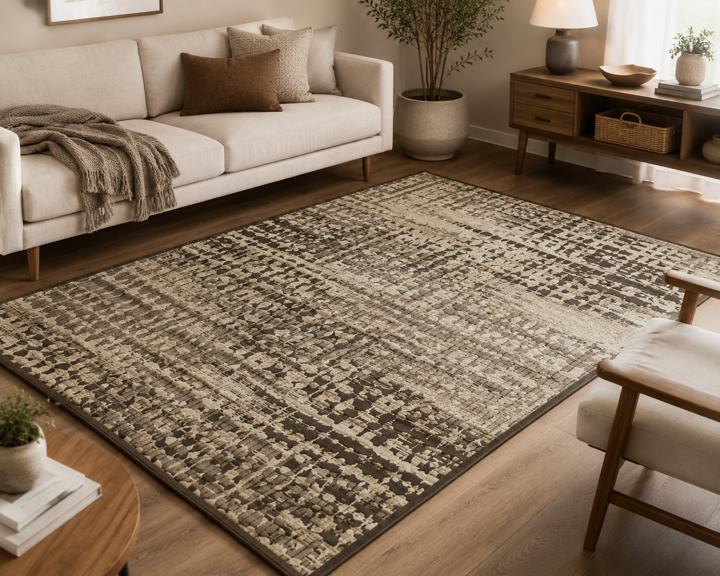 Living room with a patterned rug, sofa, and wooden coffee table.